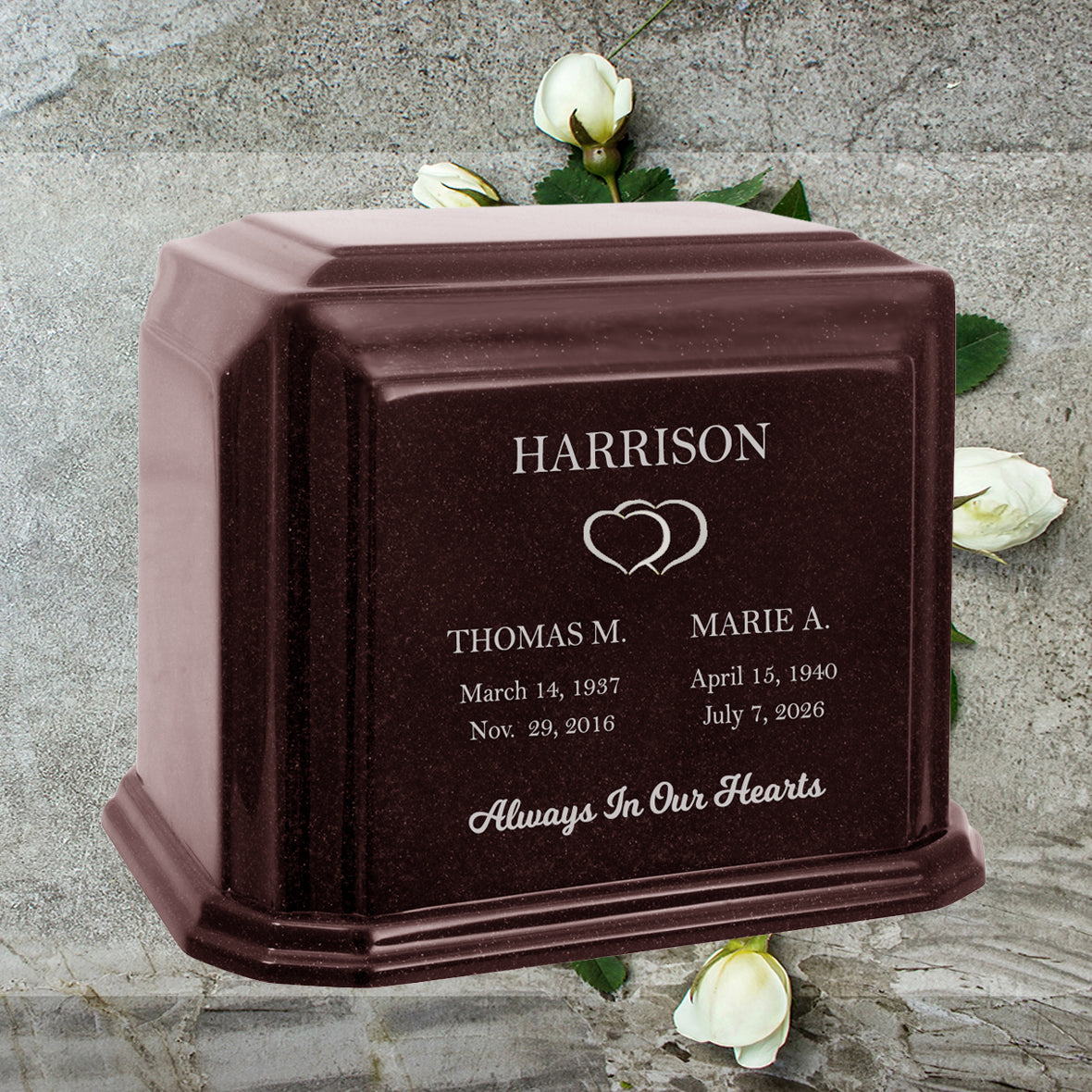 Cultured Marble Companion Cremation Urn - Loving Parents Urn - 12 Color Choices - Vault Option