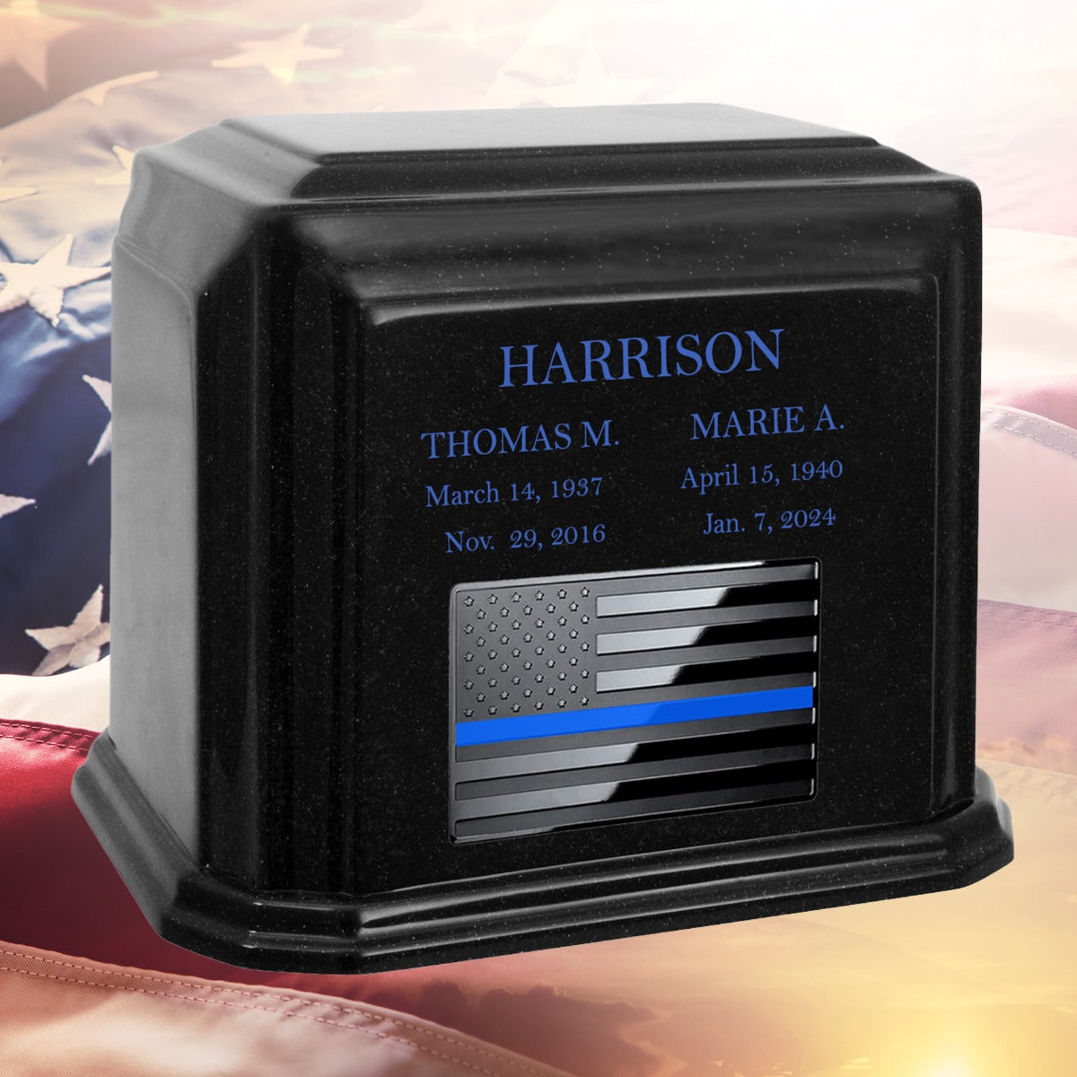 Thin Blue Line Police Monarch Companion Black Granite Urn ~ For Two Cremation Urn