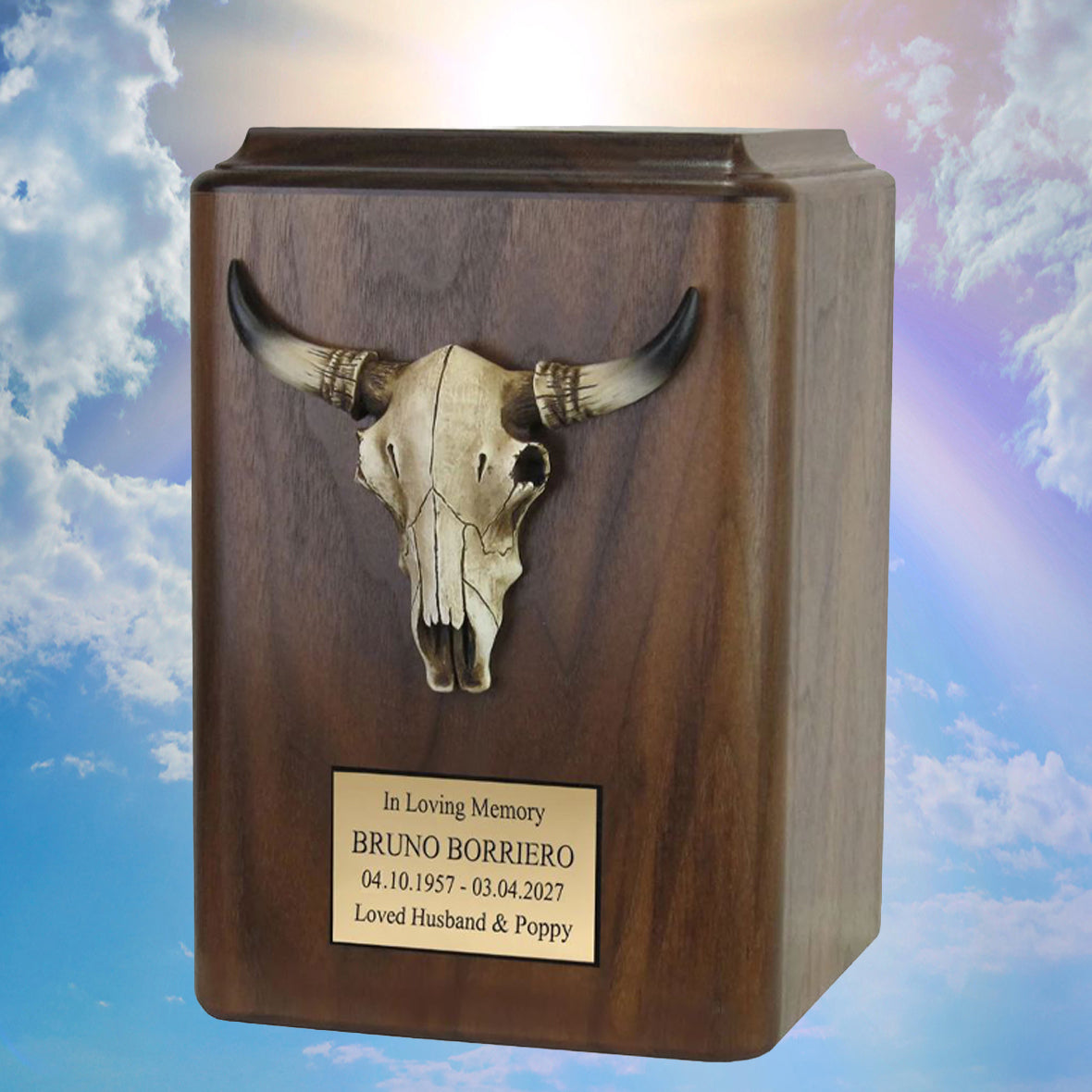 Cow Skull Horns Wood Cremation Urn - Old West Steer Skull Cremation Adult Urn Free Engraving