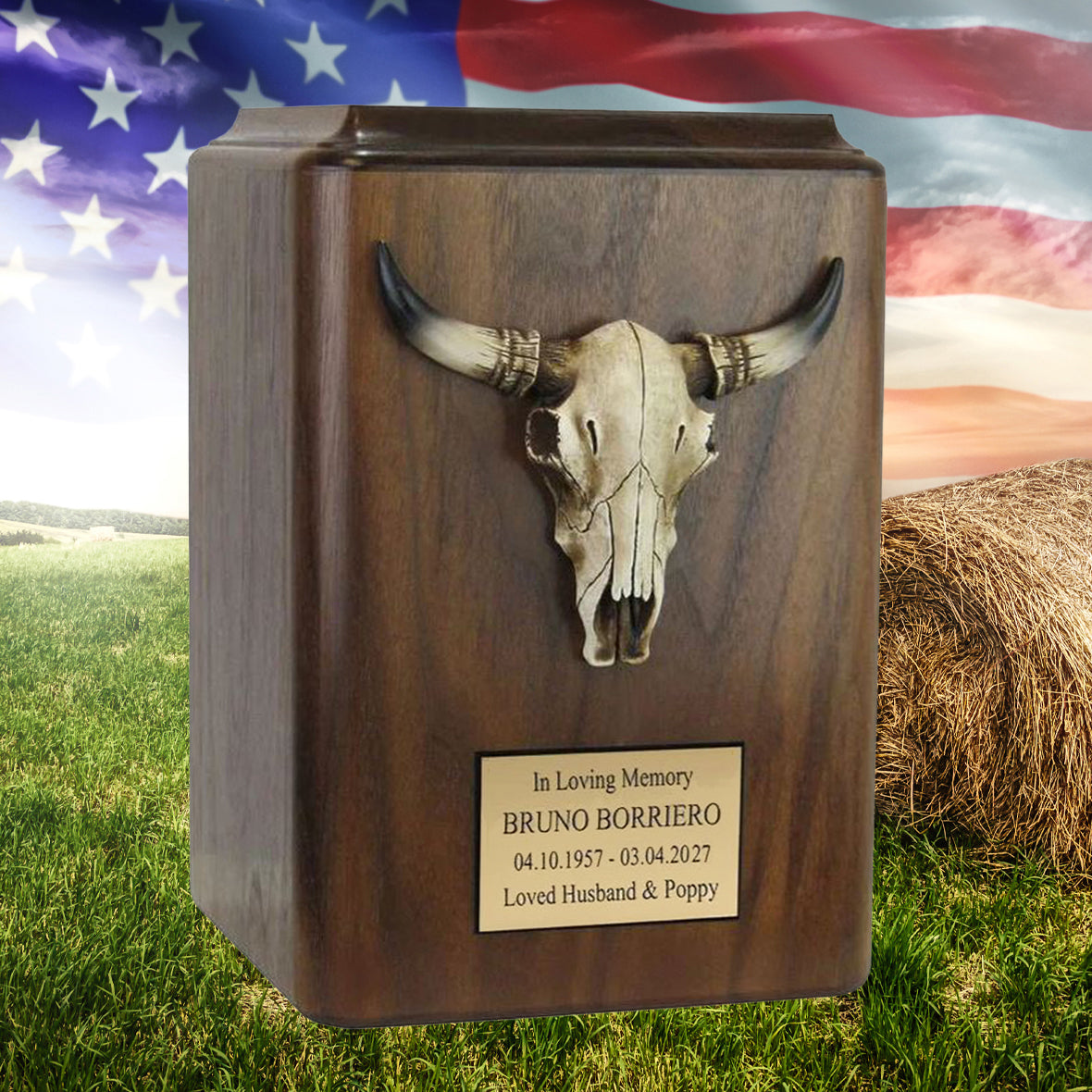 Cow Skull Horns Wood Cremation Urn - Old West Steer Skull Cremation Adult Urn Free Engraving