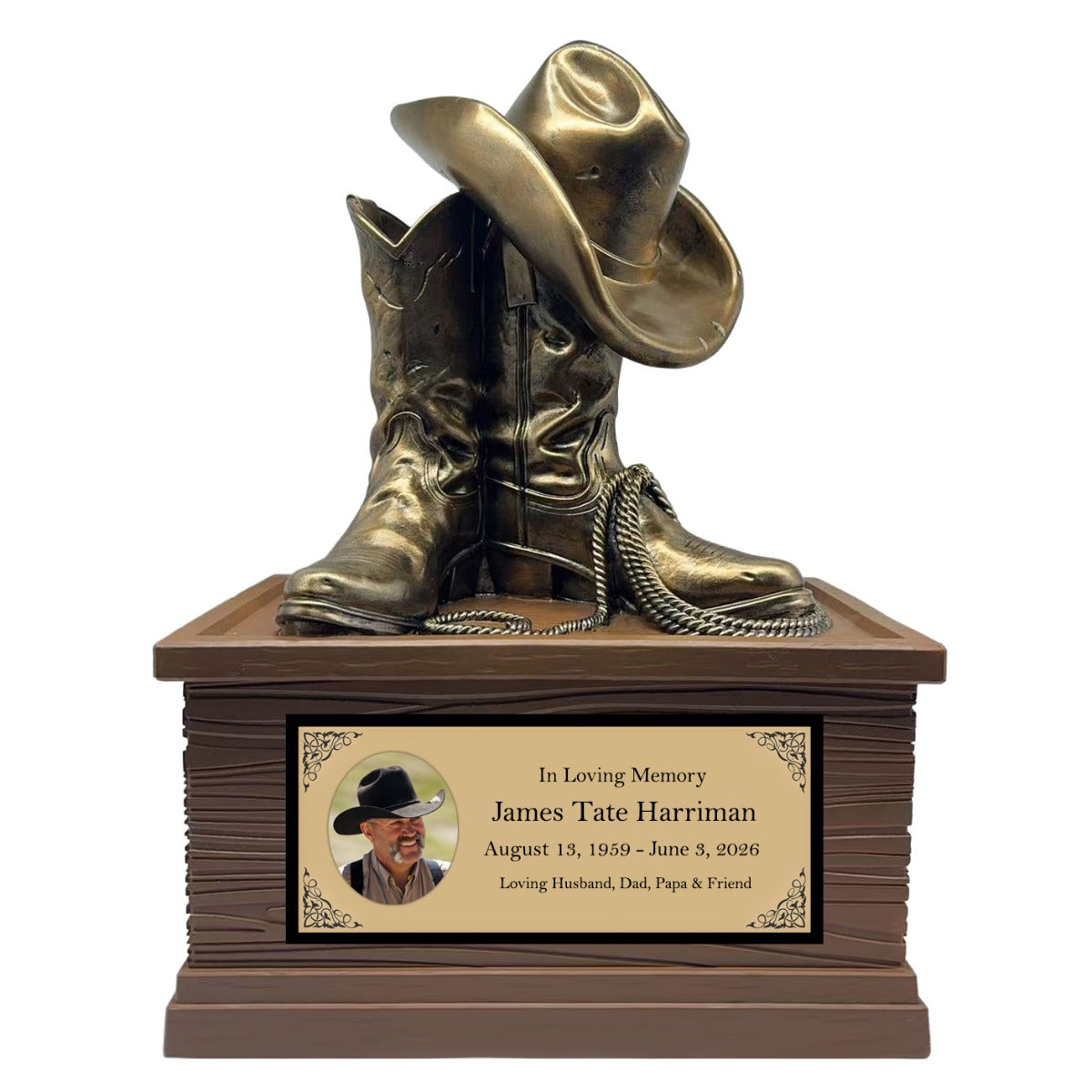 Cowboy Boots Hat & Rope Adult Cremation Urn - Free Engraved Plate - Photo Option