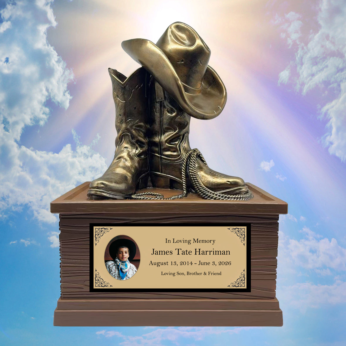 Cowboy Boots Hat & Rope Child Cremation Urn - Free Engraved Plate - Photo Option