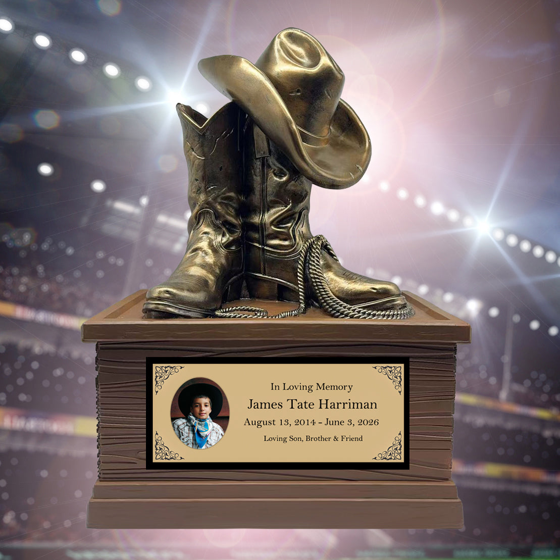 Cowboy Boots Hat & Rope Child Cremation Urn - Free Engraved Plate - Photo Option