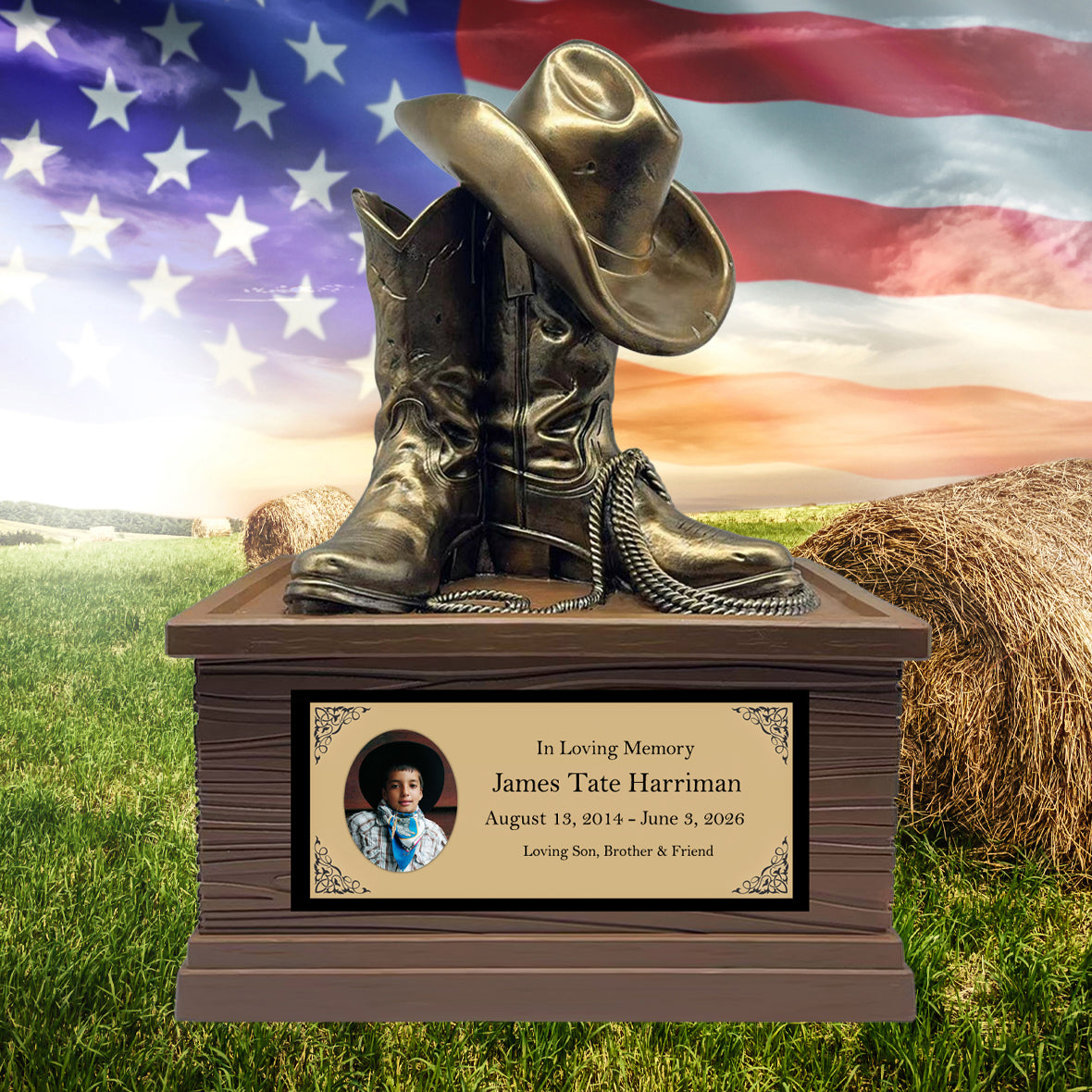 Cowboy Boots Hat & Rope Child Cremation Urn - Free Engraved Plate - Photo Option