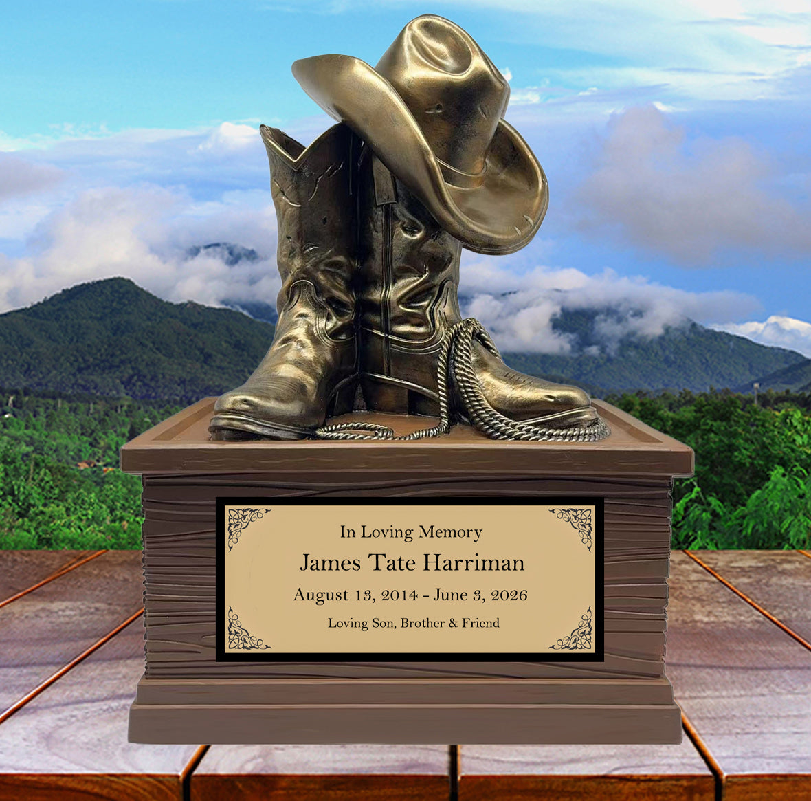 Cowboy Boots Hat & Rope Child Cremation Urn - Free Engraved Plate - Photo Option