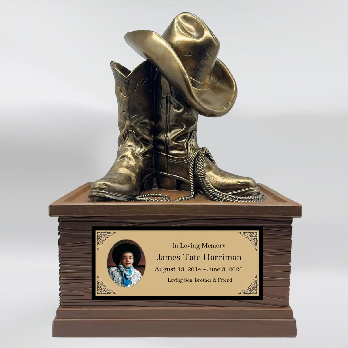 Cowboy Boots Hat & Rope Child Cremation Urn - Free Engraved Plate - Photo Option