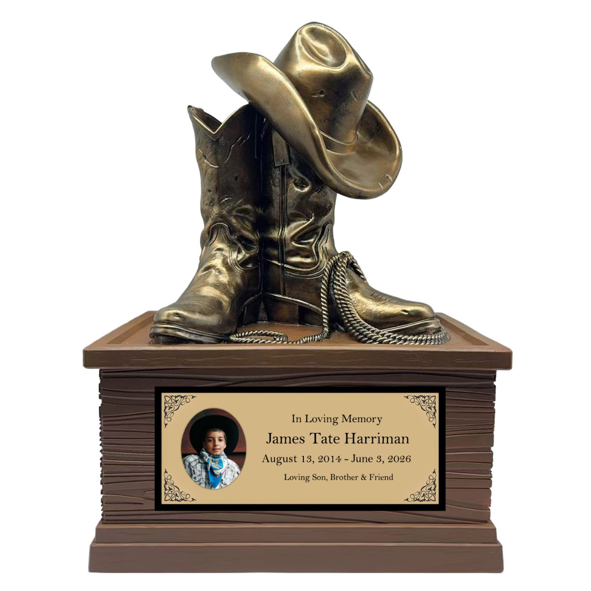 Cowboy Boots Hat & Rope Child Cremation Urn - Free Engraved Plate - Photo Option