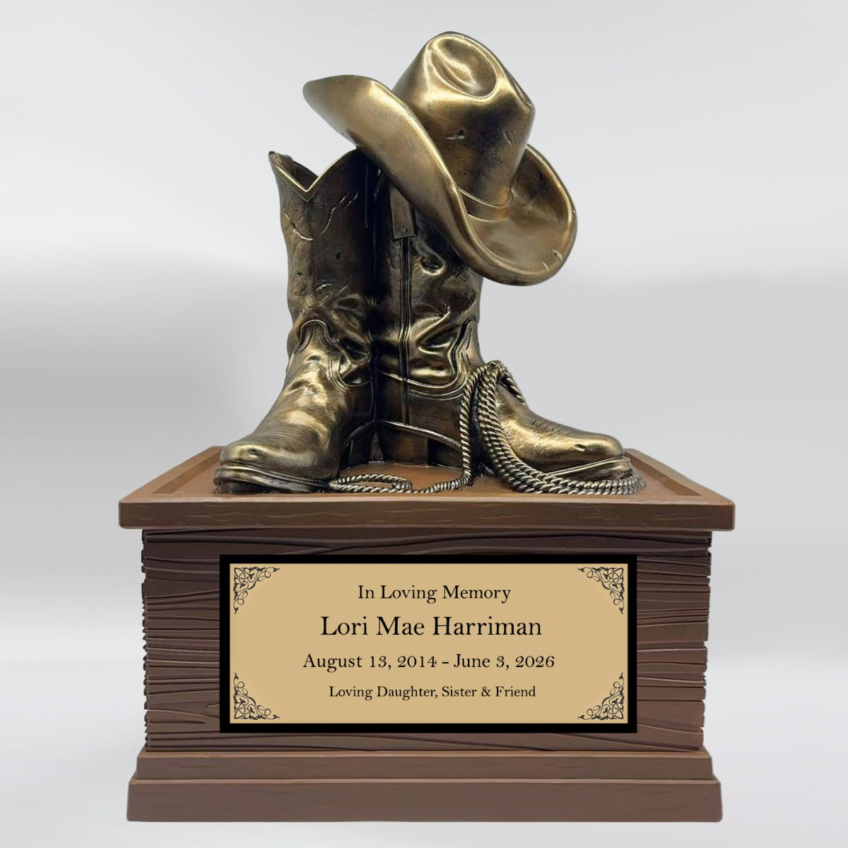 Cowgirl Boots Hat & Rope Child Cremation Urn - Free Engraved Plate - Photo Option