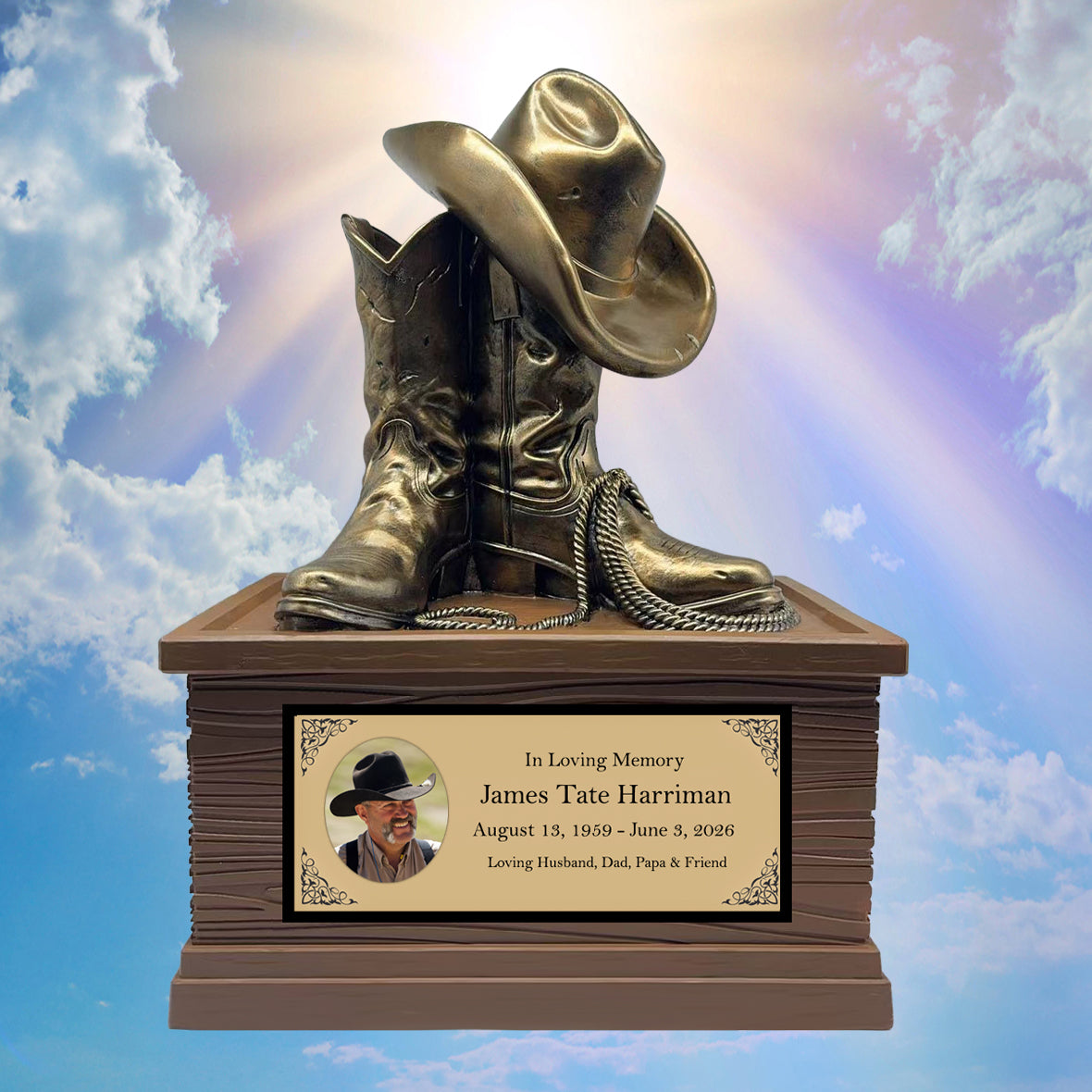 Cowboy Boots Hat & Rope Adult Cremation Urn - Free Engraved Plate - Photo Option