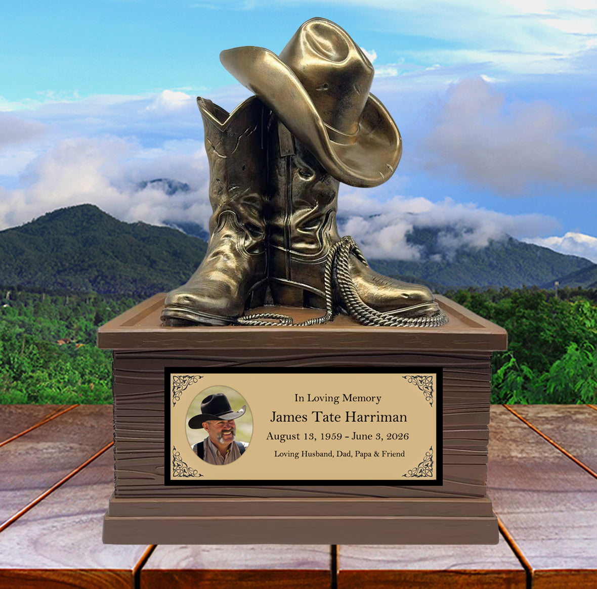 Cowboy Boots Hat & Rope Adult Cremation Urn - Free Engraved Plate - Photo Option