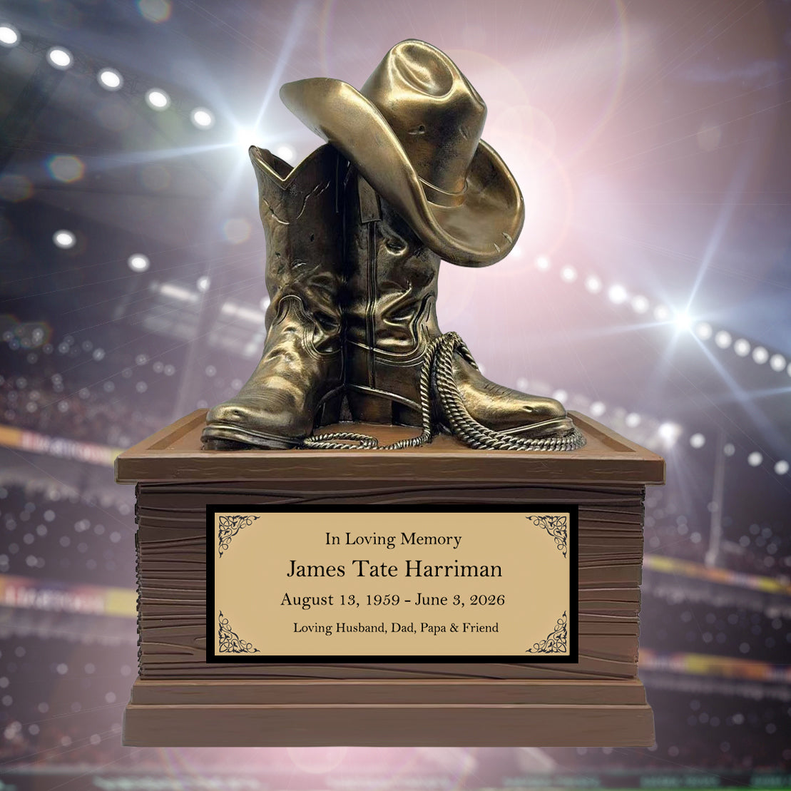 Cowboy Boots Hat & Rope Adult Cremation Urn - Free Engraved Plate - Photo Option