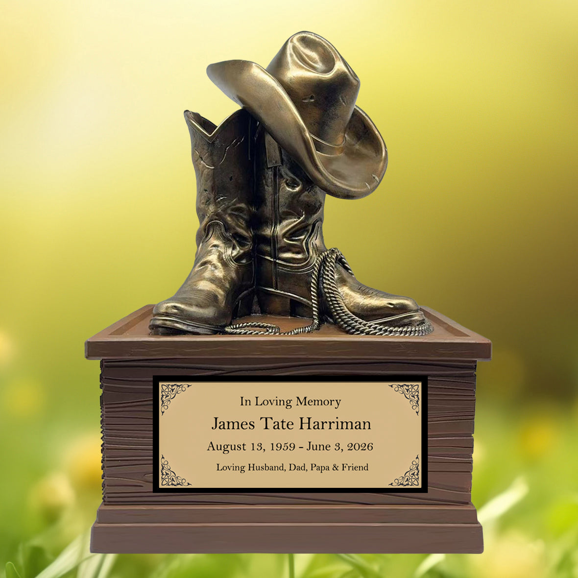 Cowboy Boots Hat & Rope Adult Cremation Urn - Free Engraved Plate - Photo Option