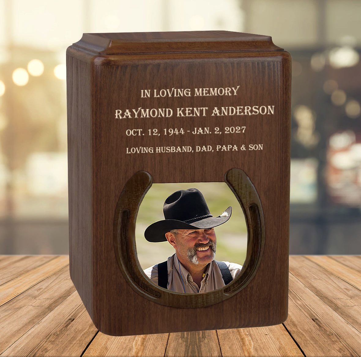 Cowboy or Cowgirl Horseshoe Walnut Photo Cremation Urn - Handcrafted Urn - Personalization and Photo Included