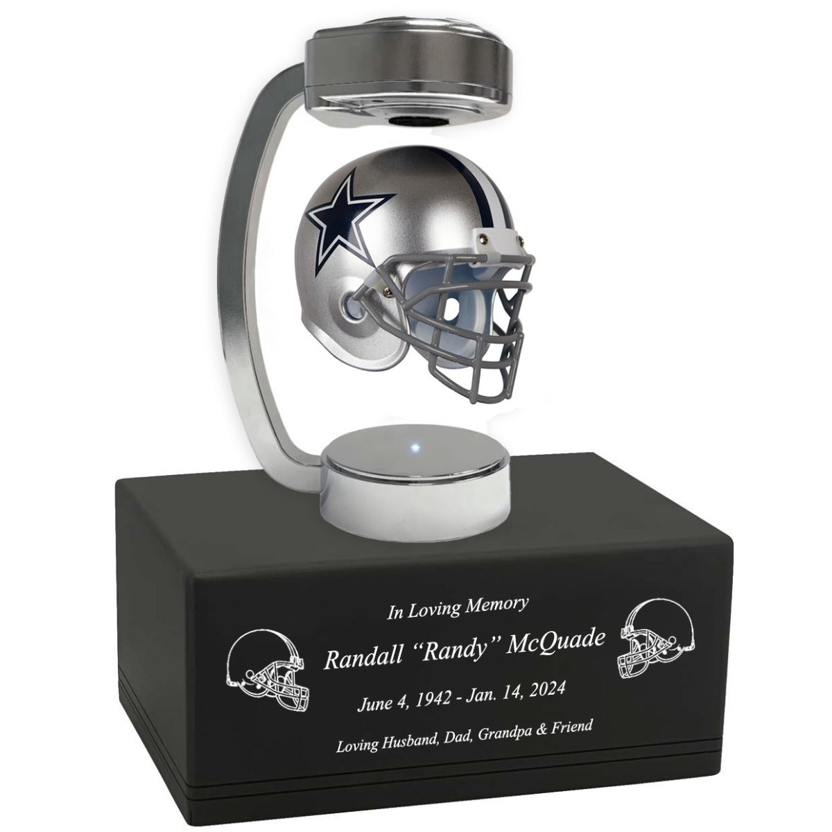 Football Adult or Medium Cremation Urn & Dallas Cowboys Hover Helmet Décor - Free Engraving