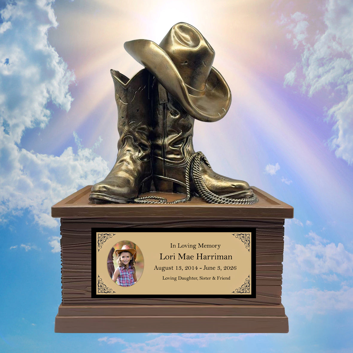 Cowgirl Boots Hat & Rope Child Cremation Urn - Free Engraved Plate - Photo Option