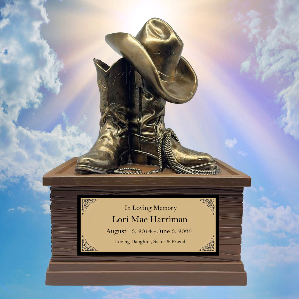 Cowgirl Boots Hat & Rope Child Cremation Urn - Free Engraved Plate - Photo Option