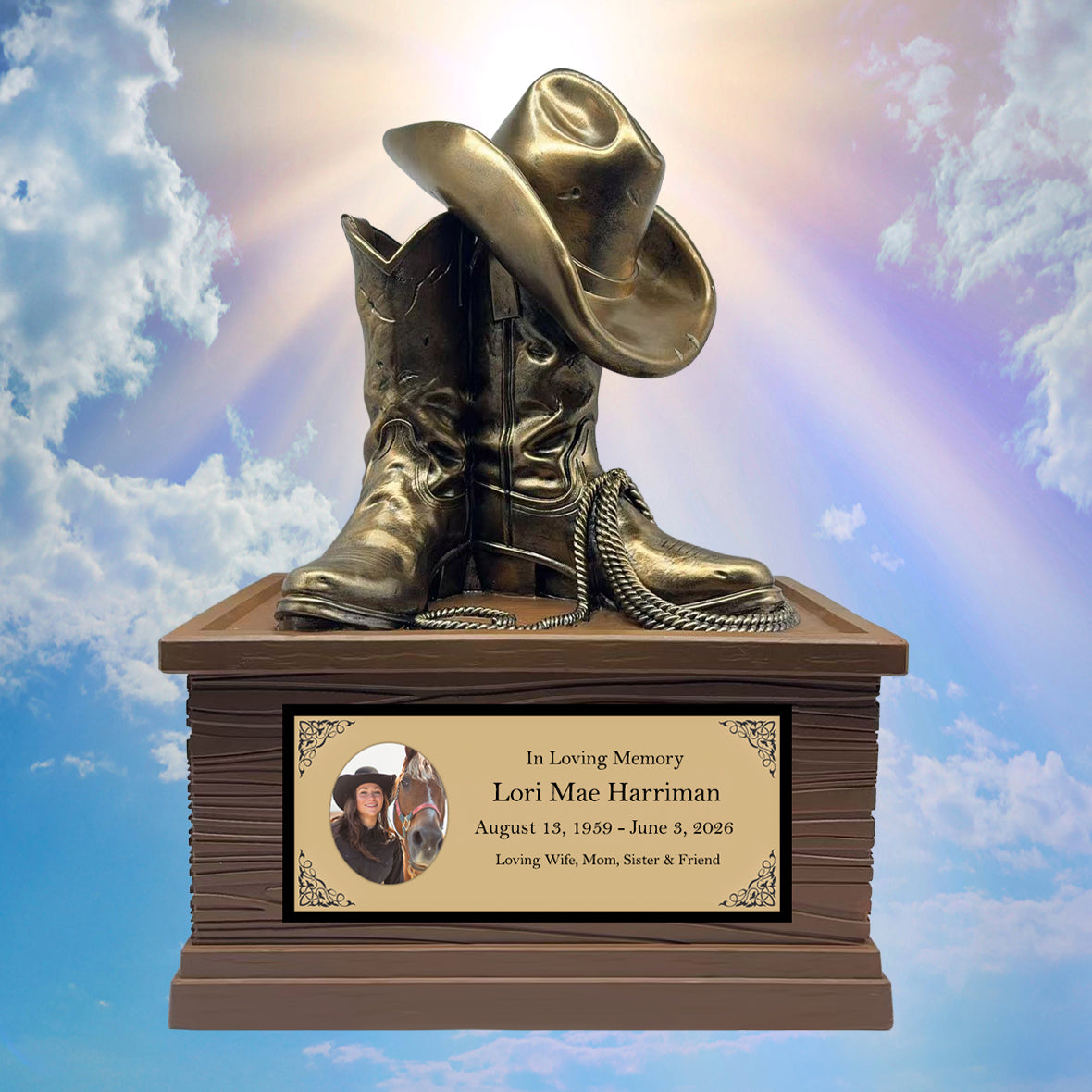 Cowgirl Boots Hat & Rope Adult Cremation Urn - Free Engraved Plate - Photo Option