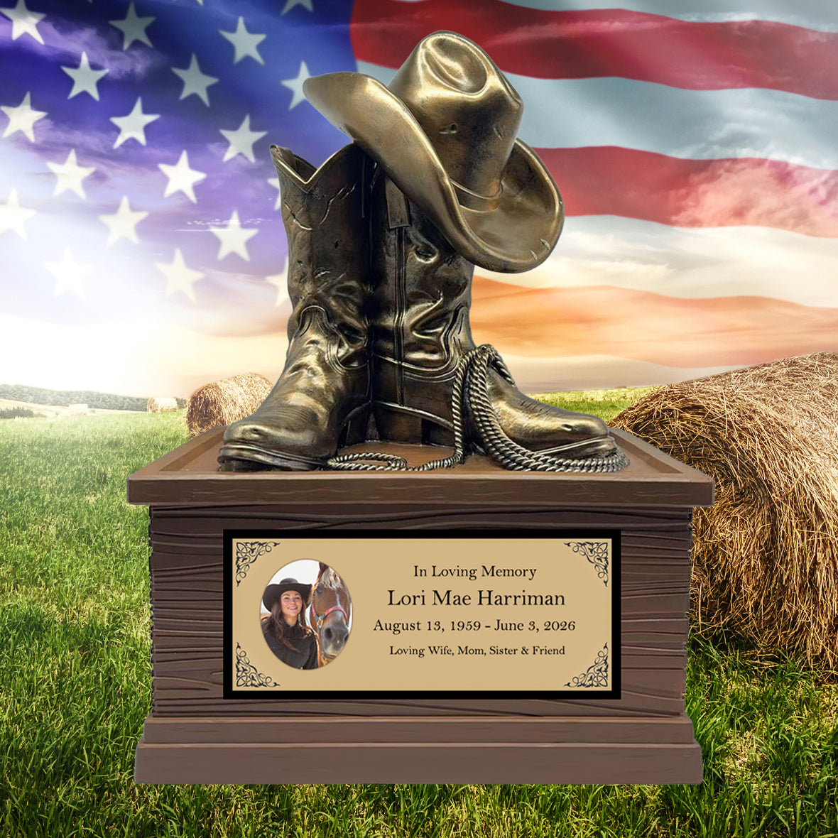 Cowgirl Boots Hat & Rope Adult Cremation Urn - Free Engraved Plate - Photo Option