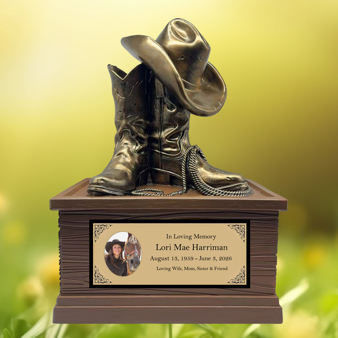 Cowgirl Boots Hat & Rope Adult Cremation Urn - Free Engraved Plate - Photo Option