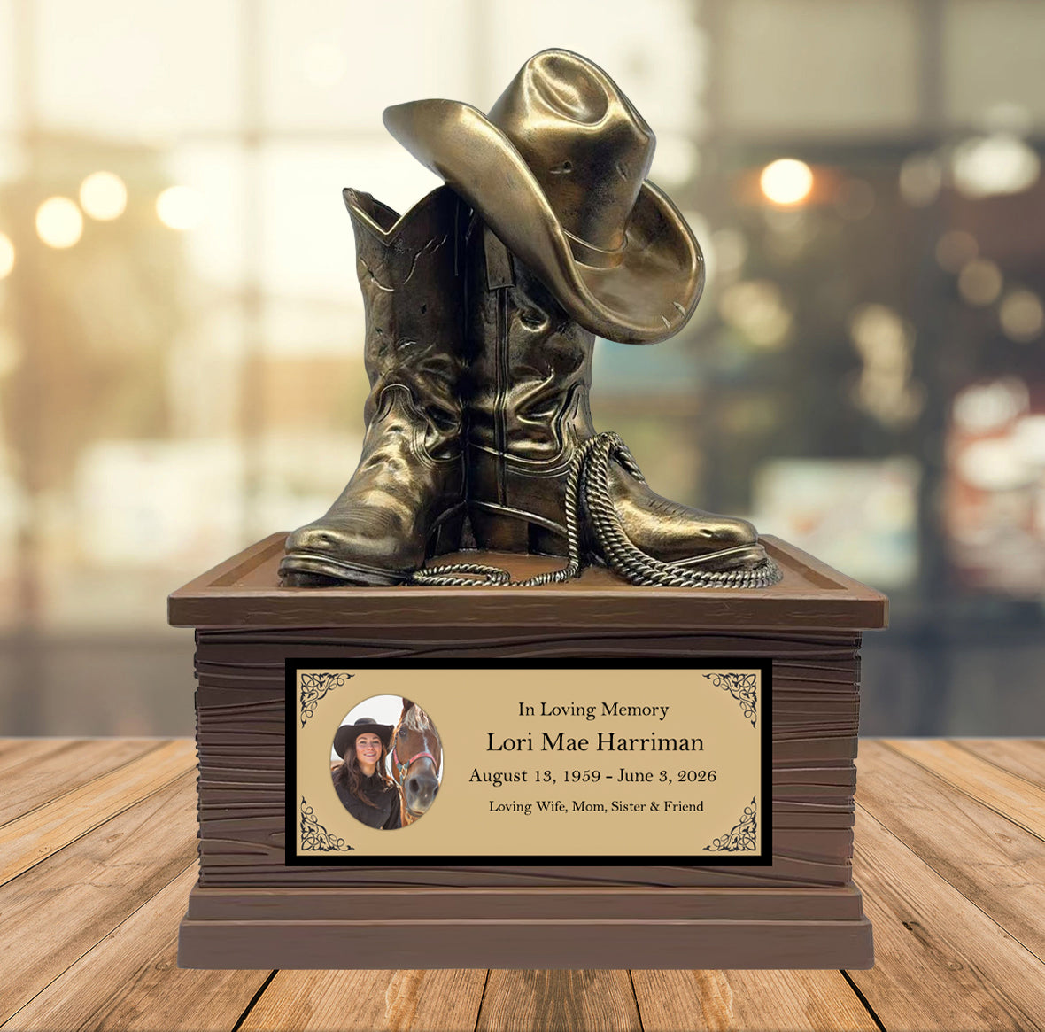 Cowgirl Boots Hat & Rope Adult Cremation Urn - Free Engraved Plate - Photo Option