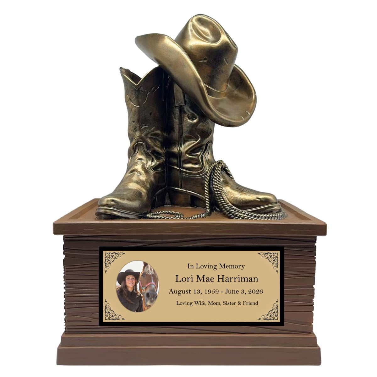 Cowgirl Boots Hat & Rope Adult Cremation Urn - Free Engraved Plate - Photo Option