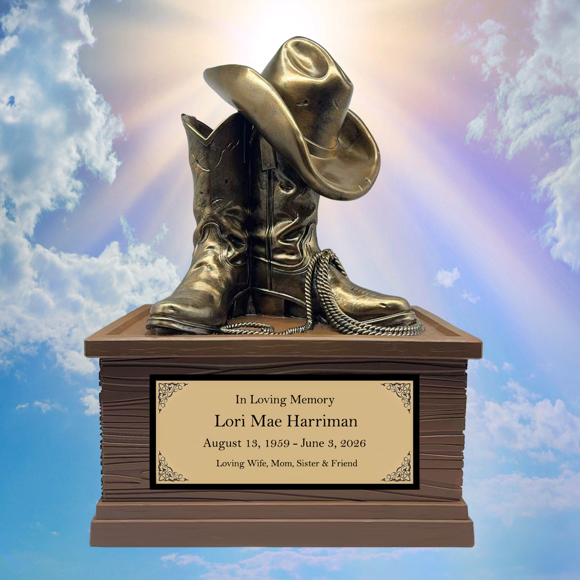 Cowgirl Boots Hat & Rope Adult Cremation Urn - Free Engraved Plate - Photo Option