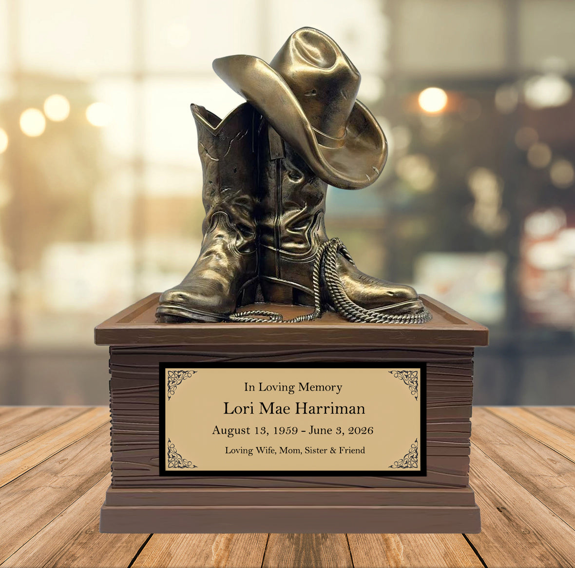 Cowgirl Boots Hat & Rope Adult Cremation Urn - Free Engraved Plate - Photo Option