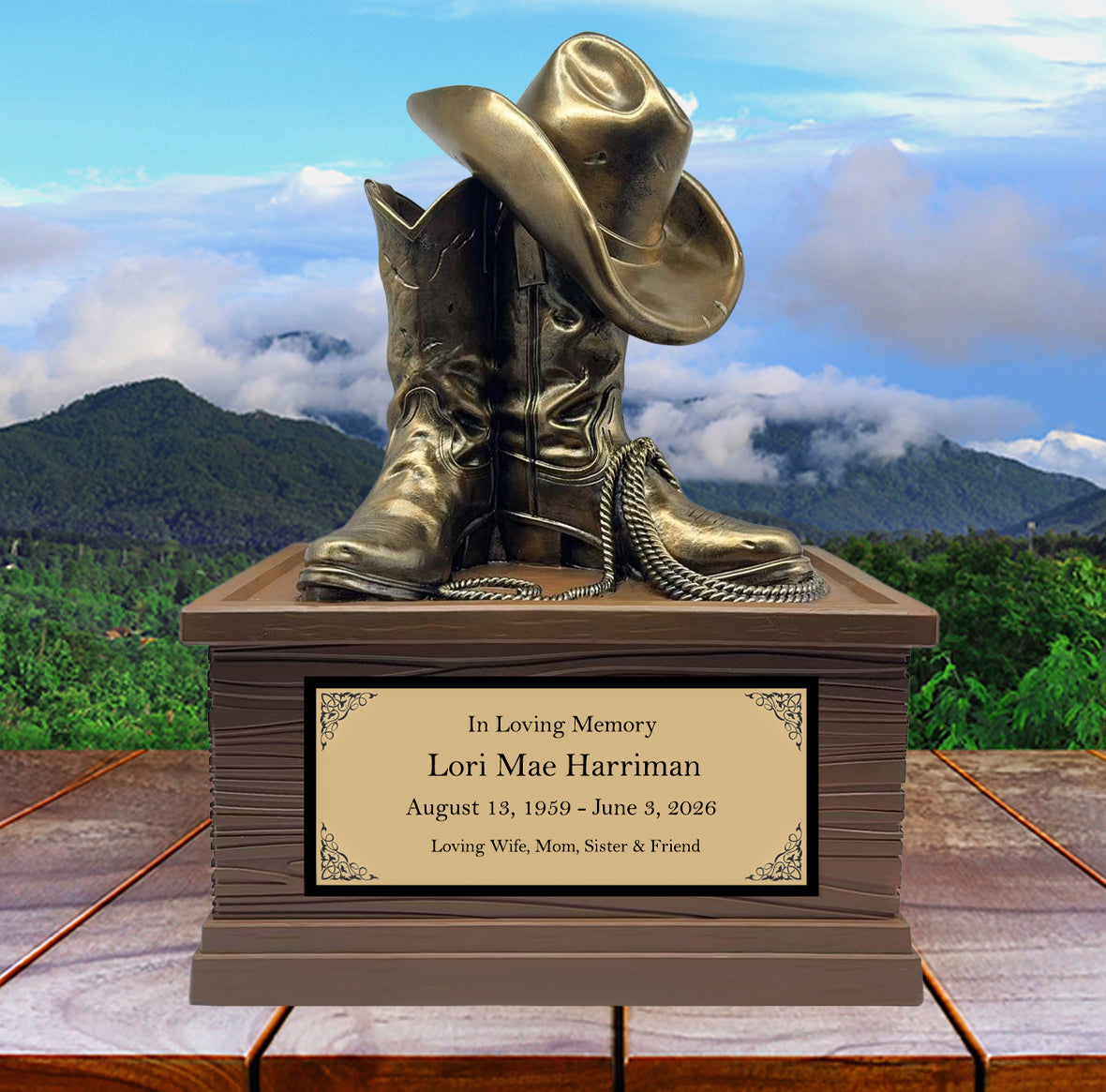Cowgirl Boots Hat & Rope Adult Cremation Urn - Free Engraved Plate - Photo Option