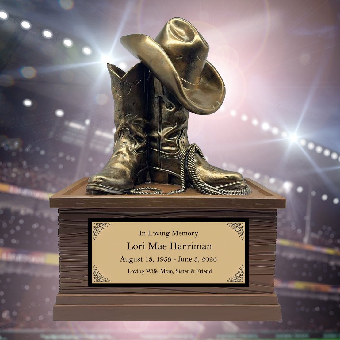 Cowgirl Boots Hat & Rope Adult Cremation Urn - Free Engraved Plate - Photo Option