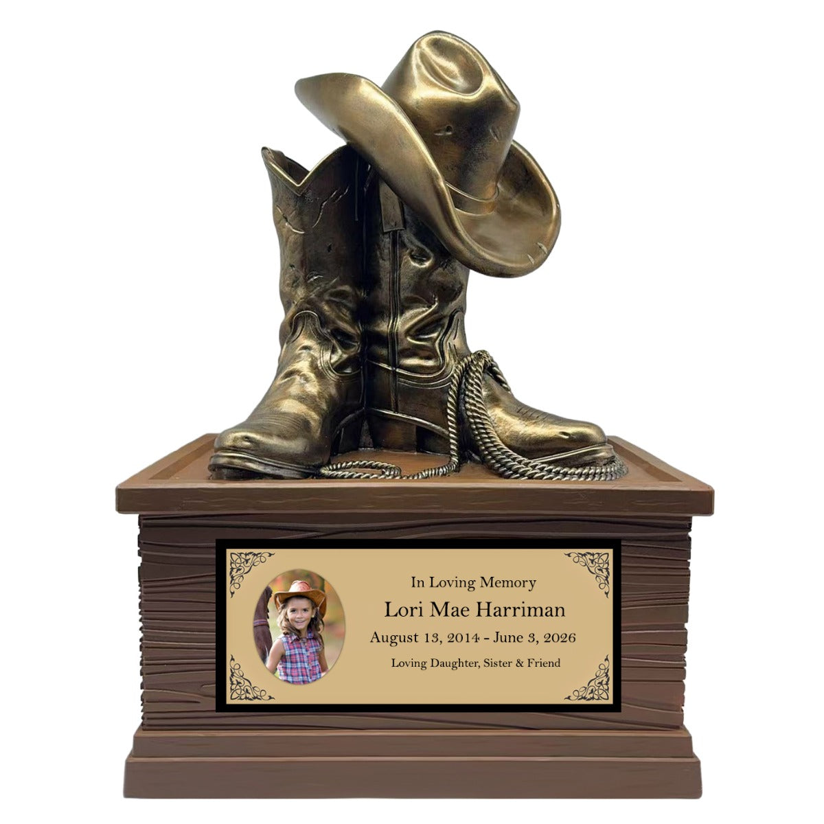 Cowgirl Boots Hat & Rope Child Cremation Urn - Free Engraved Plate - Photo Option