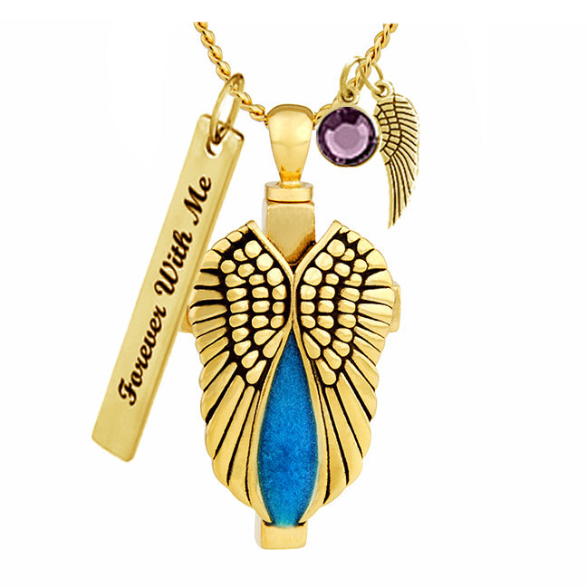 Gold Angel Wings Blue Cross Ash Jewelry Urn - Love Charms™ Option 