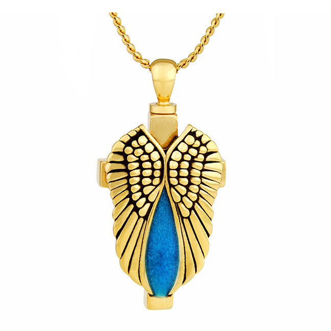 Gold Angel Wings Blue Cross Ash Jewelry Urn - Love Charms™ Option 