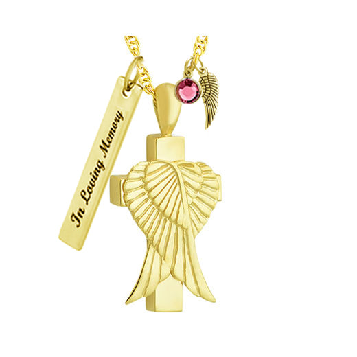 Gold Cross Angel Wings Jewelry Urn - Love Charms™ Option