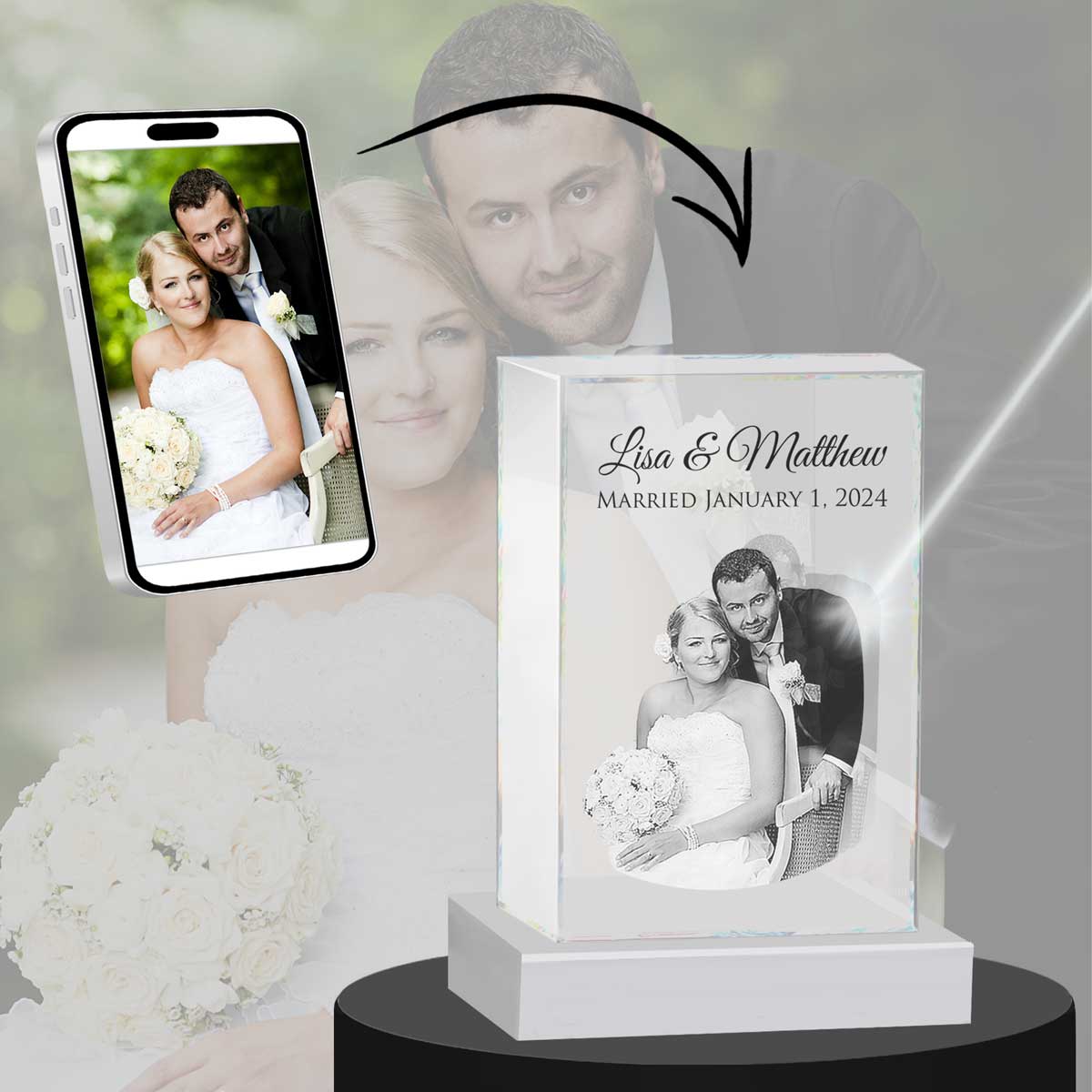 3D Crystal Medium Rectangle Photo - Engraving & Light Base Options