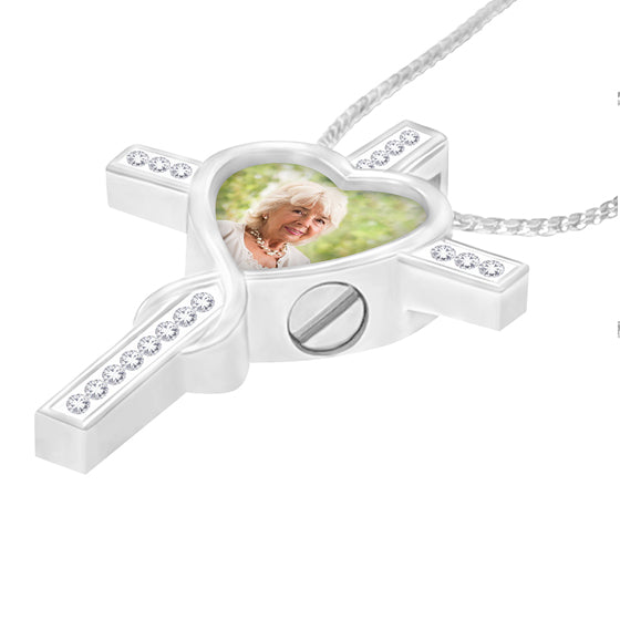 Crystal Cross Heart Photo Jewelry Urn Pendant - Love Charms® Option