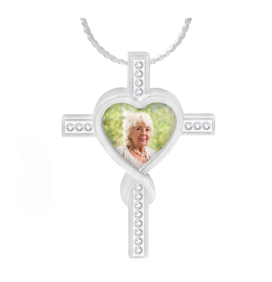 Crystal Cross Heart Photo Jewelry Urn Pendant - Love Charms® Option