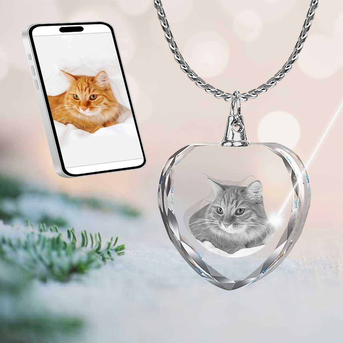2D Crystal Photo Heart Necklace Pendant - Engraving Option - Free Chain