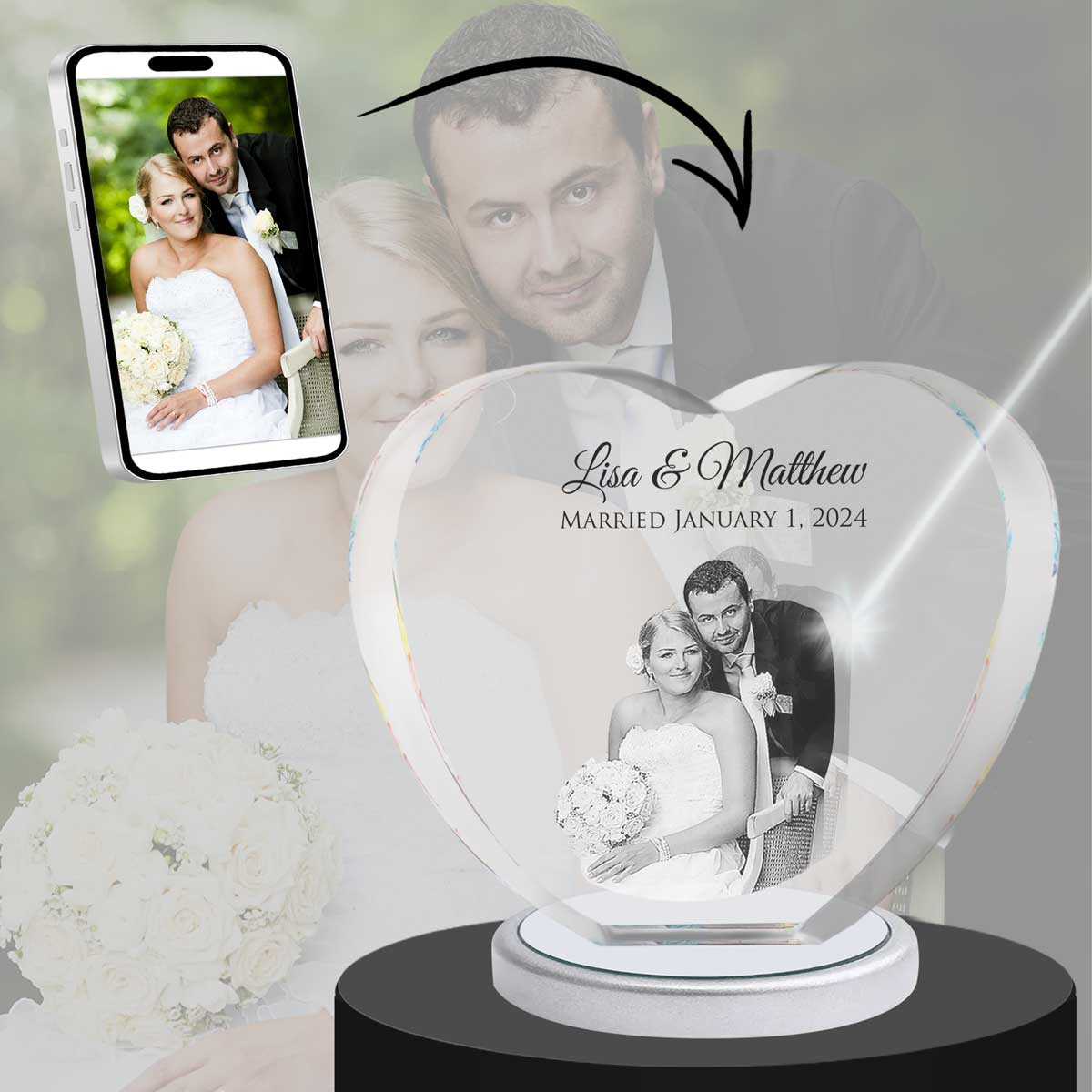 3D Crystal Large Heart Photo - Engraving & Light Base Options