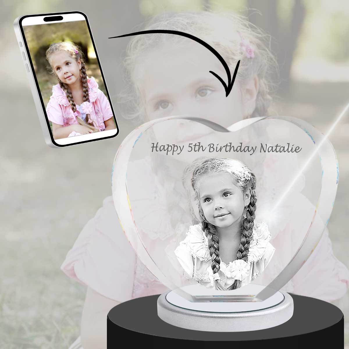 3D Crystal Large Heart Photo - Engraving & Light Base Options