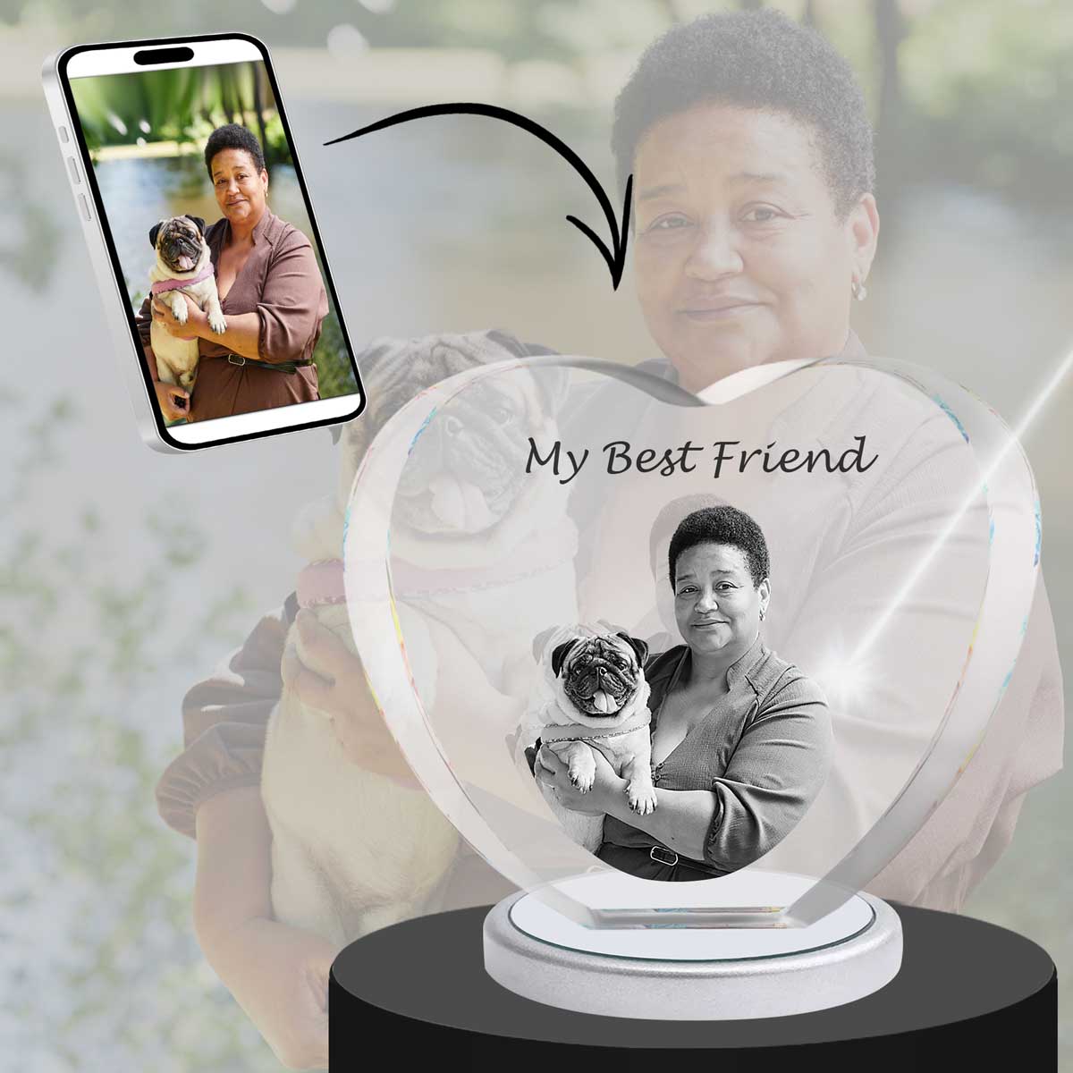 3D Crystal Large Heart Photo - Engraving & Light Base Options