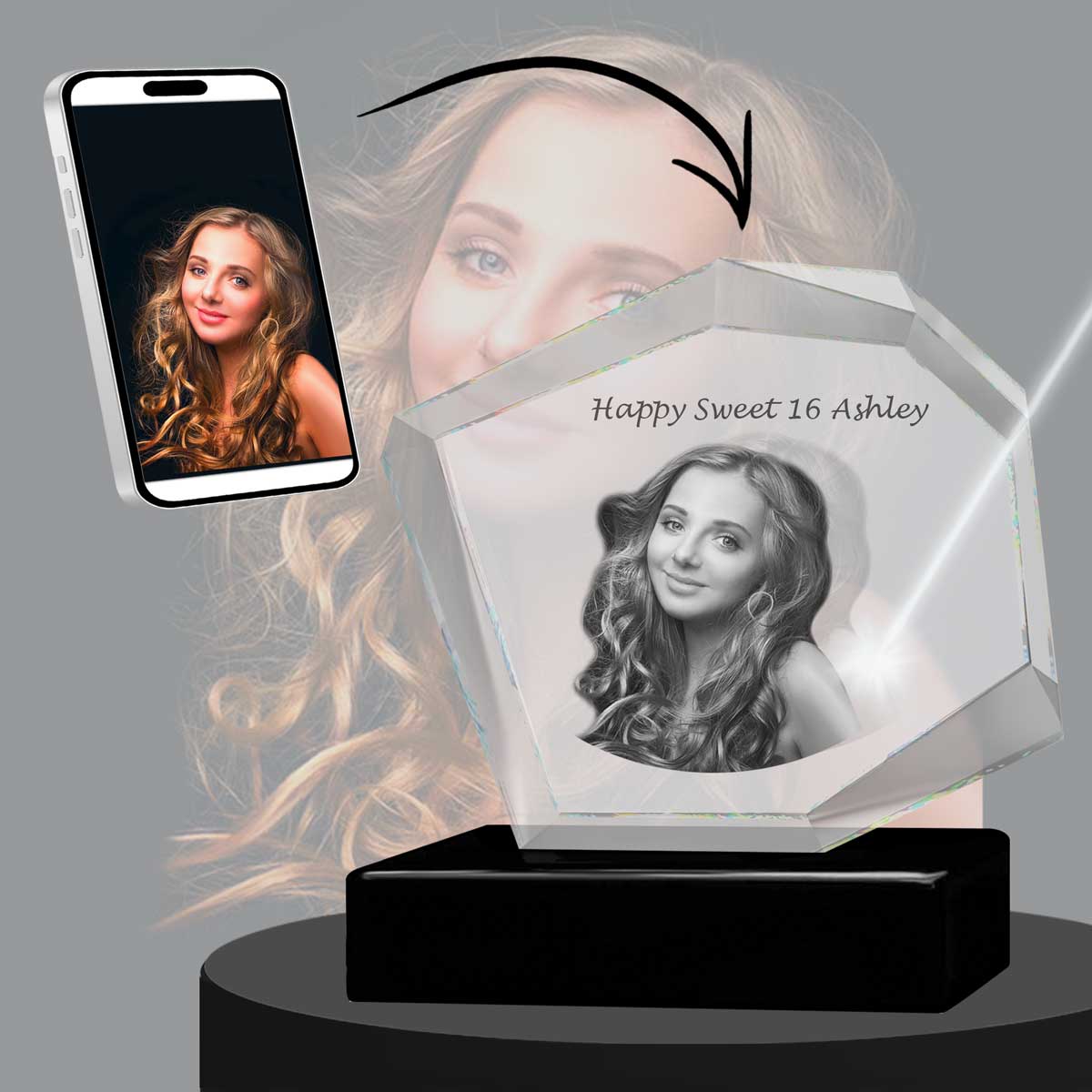 3D Crystal Large Mountain Photo - Engraving & Light Base Options