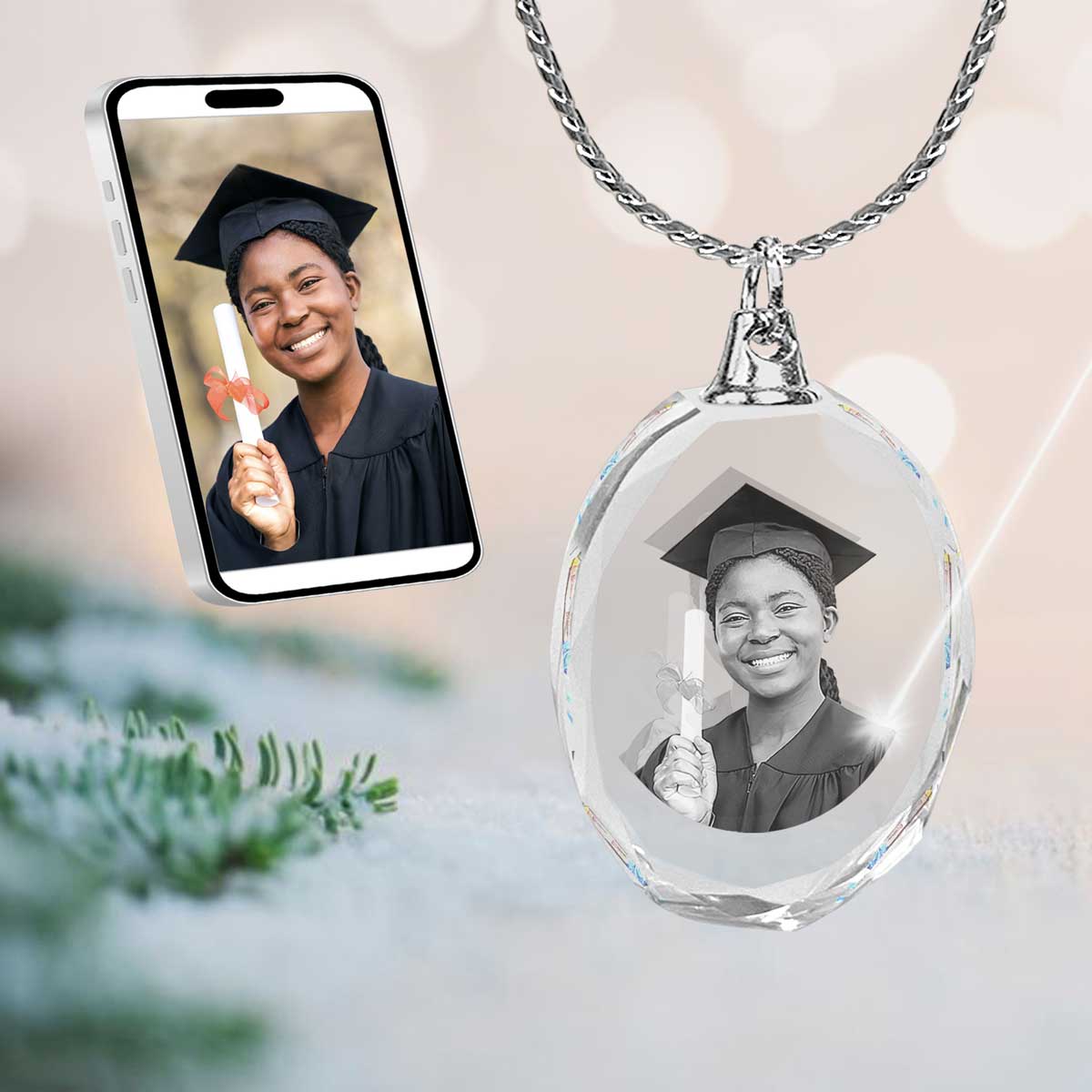 2D Crystal Photo Round Necklace Pendant - Engraving Option - Free Chain