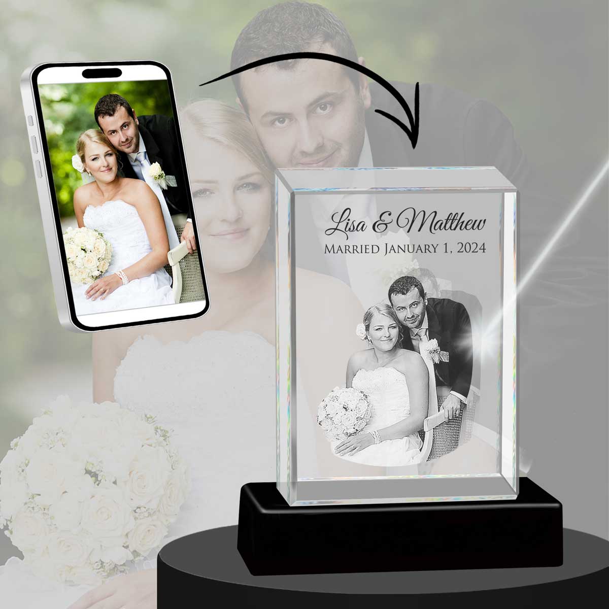 3D Crystal Large Ultra Rectangle Portrait Photo - Engraving & Light Base Options