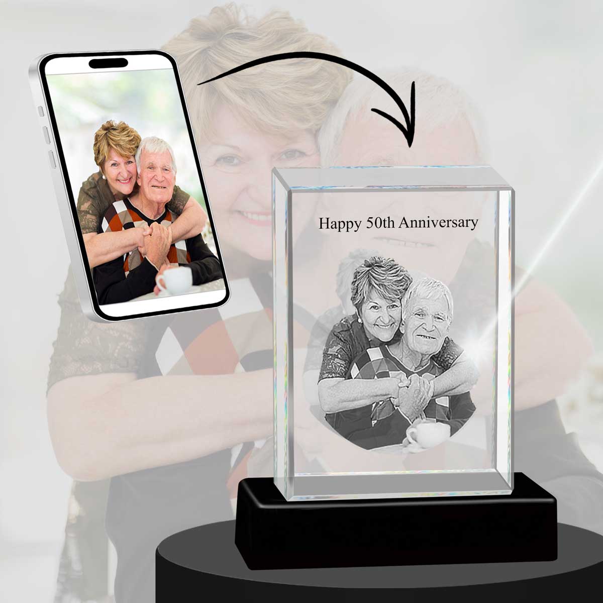 3D Crystal Large Ultra Rectangle Portrait Photo - Engraving & Light Base Options