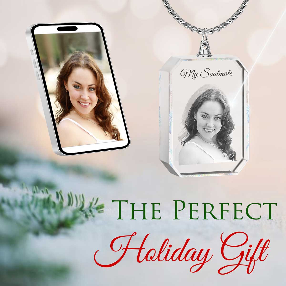 2D Crystal Photo Rectangle Necklace Pendant - Engraving Option - Free Chain