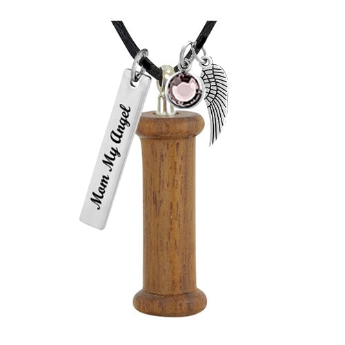 Cylinder Walnut Cremation Necklace Urn - Love Charms Option