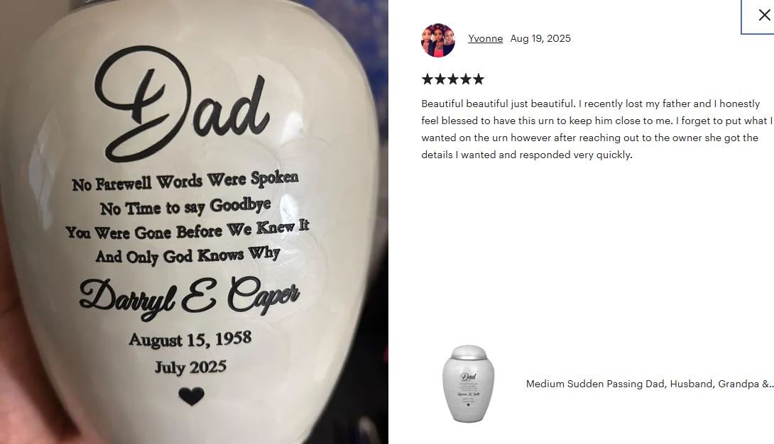 Medium Sudden Passing Dad, Husband, Grandpa & More Cremation Urn - Pro Laser Engraving