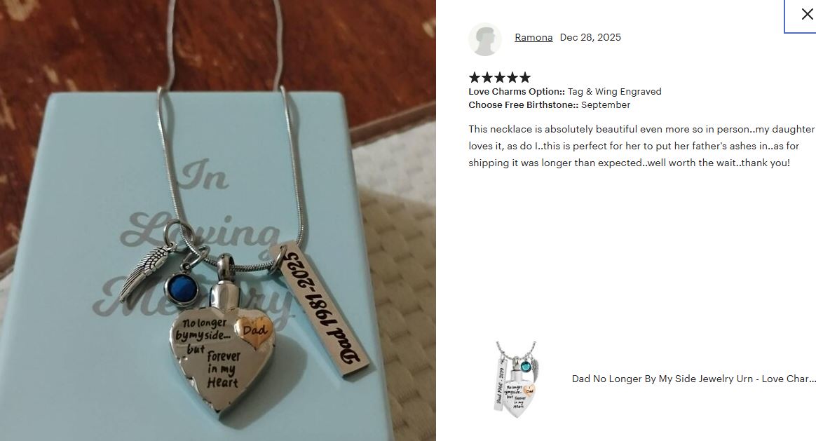Dad No Longer By My Side Jewelry Urn - Love Charms™ Option 