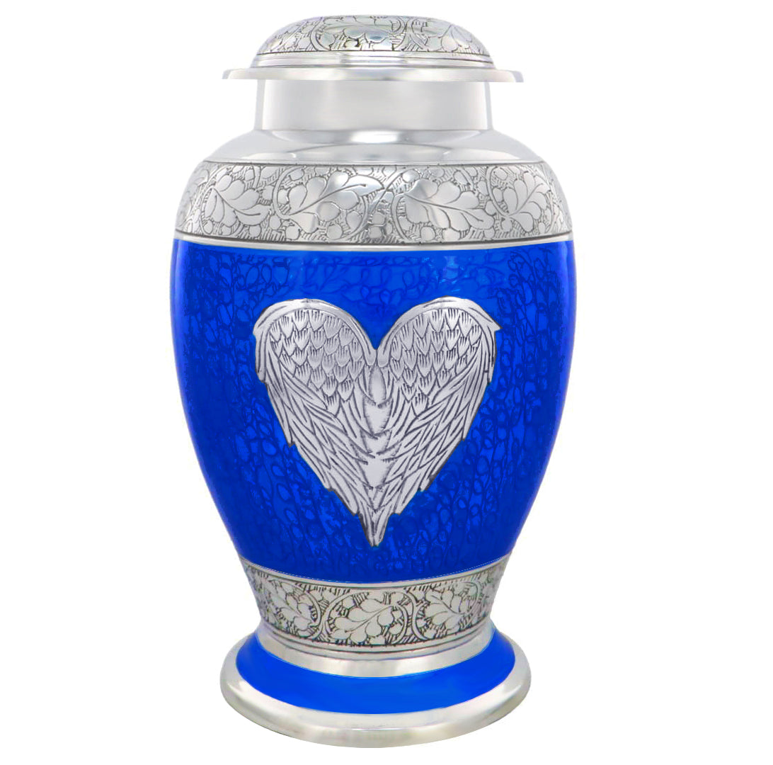 Blue Heart Angel Wings Cashmere Adult Urn - Pro Diamond Engraving