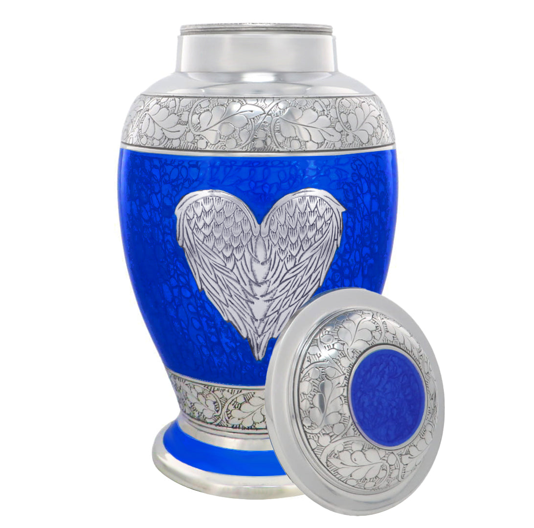 Blue Heart Angel Wings Cashmere Adult Urn - Pro Diamond Engraving